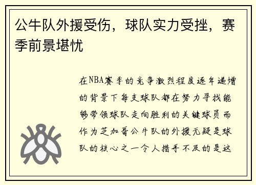 公牛队外援受伤，球队实力受挫，赛季前景堪忧