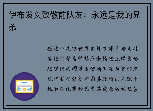 伊布发文致敬前队友：永远是我的兄弟