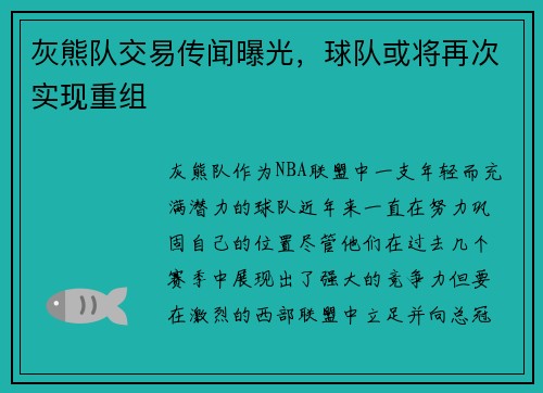 灰熊队交易传闻曝光，球队或将再次实现重组
