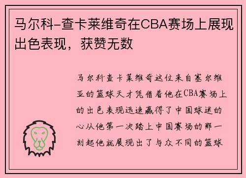 马尔科-查卡莱维奇在CBA赛场上展现出色表现，获赞无数